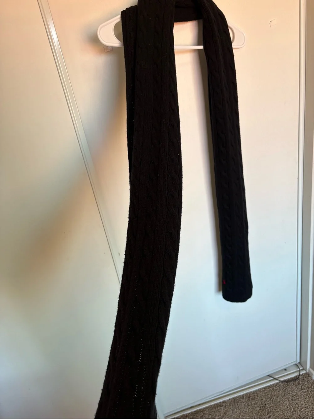 RALPH LAUREN POLO MENS WOOL CABLE KNIT SCARF BLACK WITH RED LOGO